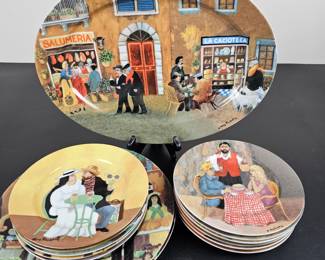 Lot #198 - Guy Buffet Decorative Porcelain Plates - Fine German Porcelain, Dishwasher & Microwave Safe Vintage Quimper Hand-Painted Ceramic Plates Set - French Village Scene, Signed by Quimper Artist