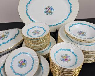 Lot #97 - Minton Ardmore Ivory & Turquoise S363 Bone China Dinnerware Set - Vintage Floral Gold Trim Plates Bowls