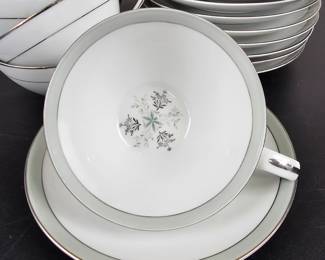 Lot #53 - Noritake 5813 "Lucille" Porcelain Tea Cups and Saucers Set with Silver Trim - 12 Sets