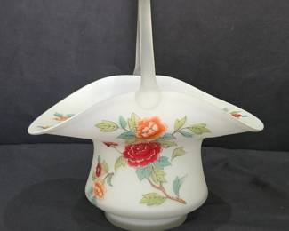 Lot #79 - Vintage Floral Milk Glass Basket Hand-Painted Floral Decorative Handled Candy Dish
