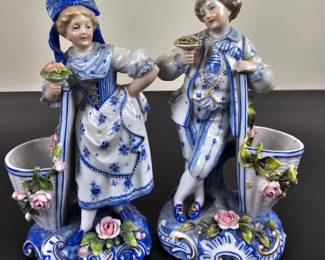 Lot #200 - Vintage Porcelain Figurine Pair Blue and White Floral Planters with Roses and Basket Details