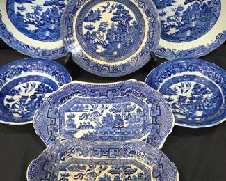 Lot #186 - Vintage Allertons & Wedgwood England Willow Blue & White Porcelain Plates, Bowls and Platters Set