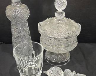 Lot #190 - Vintage Cut Glass Decanter, Covered Dish and Crystal d'Arques Vase - Elegant Home