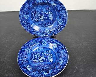 Lot #102 - James Clews 1820 Antique Cobridge Blue Ironstone Plates Set of 2 - Don Quixote Pattern