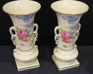 Lot #136 - Vintage Double Handled Porcelain Floral Vases Pair with Gold Trim, Elegant Decorative Urns