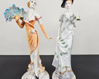 Lot #172 - Vintage Porcelain Elegant Lady Figurines Set, Hand-Painted Ceramic Victorian Style Statues, Decorative Collectibles