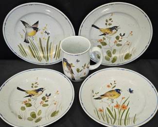 Lot #149 - Vintage Fitz & Floyd "Oiseau" Ceramic Bird-Themed Plate Set with Mug - Hand-Painted Nature Designs