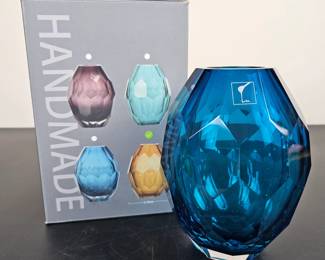 Lot #96 - CasaMotion Handmade Blue Crystal Glass Vase 6.5 Inch Faceted Design Decorative Piece