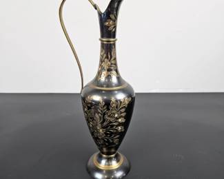 Lot #165 - Vintage Black & Gold Etched Brass Ewer Pitcher with Ornate Floral Design - Decorative Collectible Vase