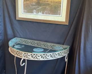Etched Glass Half Moon Side Table And Picture