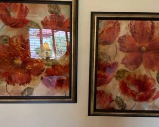 Two Plastic Framed Floral Pics And Two Large Faux Plants