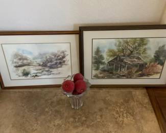 Two Landscape Framed Watercolor Prints And A Glass Vase
