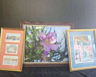 Two Signed Matted And Framed Watercolor Prints Of Charleston, SC And A Photography Floral