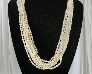 Vintage 14K Gold 10Strand Freshwater Rice Pearl  Gold Bead Necklace