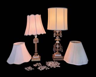 Elegant Pair of Vintage Hollywood Regency Brass, Marble  Crystal Table Lamps