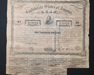 Collectible Confederate States of America Seven Percent Loan Bond  $1000  Issued in Houston, Texas