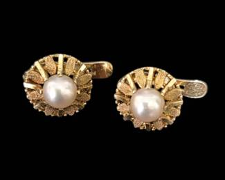 Vintage 14K Yellow Gold  Cultured Pearl Sunburst Earrings, Statement Studs