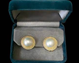 Vintage RossSimons 14kt Yellow Gold Mabe Pearl RopeBorder Earrings