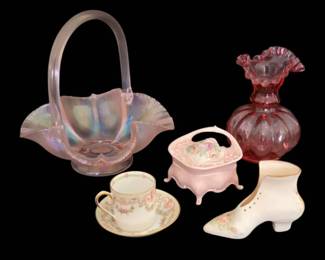 Fenton 75 Year Anniversary Basket w Pretty In Pink Items
