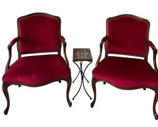 Elegant Pair of Louis XV Style Red Velvet Armchairs  Wrought Iron Side Table