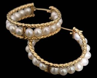 Gold Rope Twist Pearl Hoop Earrings