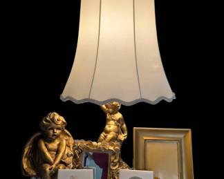 Estate Find Ornate Neoclassical Cherub Lamp  Gold Gilt Decor Set