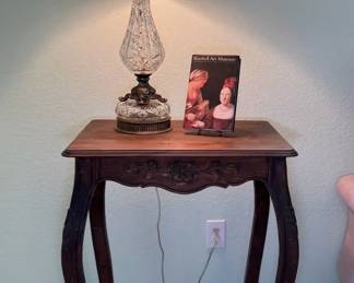 French Provincial Style Carved Wood Side Table  Berger Industries Crystal  Brass Lamp