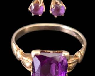 Vintage 10K Yellow Gold EmeraldCut Amethyst Solitaire Statement Ring