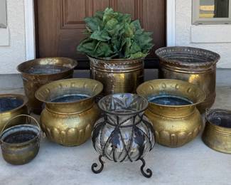 Vintage Brass  Glass Planters  HandHammered, Italian,  Caged Art Deco Style