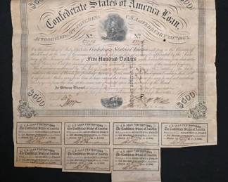 Rare 1863 Confederate States of America $500 Loan Bond with Seven Unclipped Interest Coupons