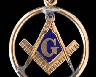 Vintage Gold  Blue Enamel Masonic Pendant  Square  Compass G