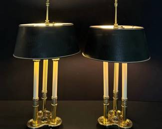 Vintage Stiffel Brass Bouillotte Lamps  3Light Trefoil Base w Faux Crocodile Shades