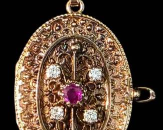 Vintage 14K Yellow Gold Etruscan Revival Locket With Ruby  Diamond Accents