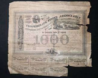 Scarce Confederate States of America 8 Loan Bond for $1000,1863, with Multiple Interest Coupons