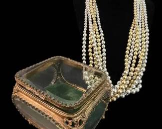 Antique French Style Ormolu  Beveled Glass Jewelry Casket  Large 5 Footed Trinket Box with Green