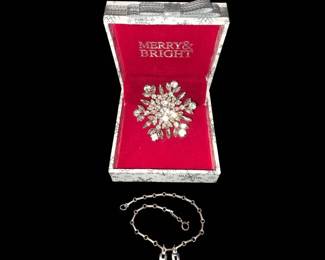 Vintage Sterling Silver Initial Bracelet  Sparkling Snowflake Brooch Set