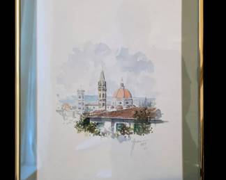 Original 1983 Watercolor Florence Cityscape with Duomo  Signed, Framed  Matted