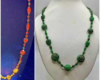 Green Carved Roses Necklace with Red Ultraviolet Glow