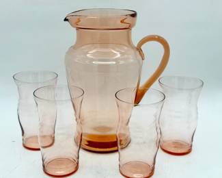 Vintage Depression Glass Pitcher & (4) Cups