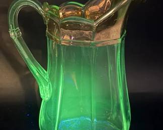 EAPG Heavy Panel Glass Pitcher with Ultraviolet Green Glow