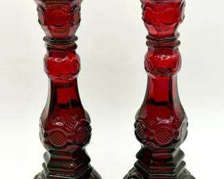 (2) vintage Avon Ruby Red 1876 Cape Cod glass candlestick holders