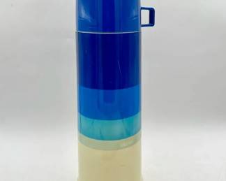 1970s Insulated THERMOS Brand Blue Ombre Stripe Thermos with Cup Top