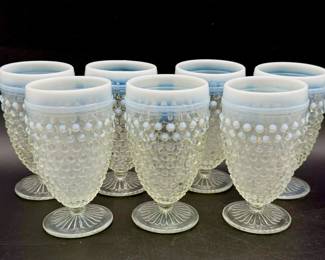(7) vintage Anchor Hocking "Moonstone" opalescent hobnail glass goblets
