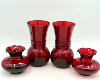 (4) Vintage Red Vases Feat. Indiana Glass