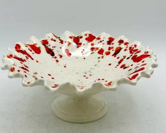 Mid Century Orange and Red Holly Drip Glaze Ceramic Footed Plate