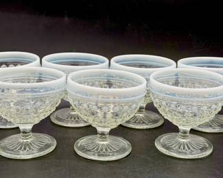 (7) vintage Anchor Hocking "Moonstone" opalescent hobnail Low Footed Sherbert Glass