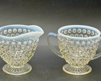 Anchor Hocking Moonstone Opalescent Hobnail Glass Creamer & Sugar Bowl