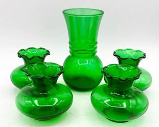 (5) Green Vintage Vases Feat. Indiana Glass