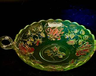 Scalloped Glass Dish with Green Glow in Ultraviolet Light