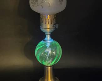 (2) Vintage Glass Table Lamps With Metal Base & Ultraviolet Green Glow
